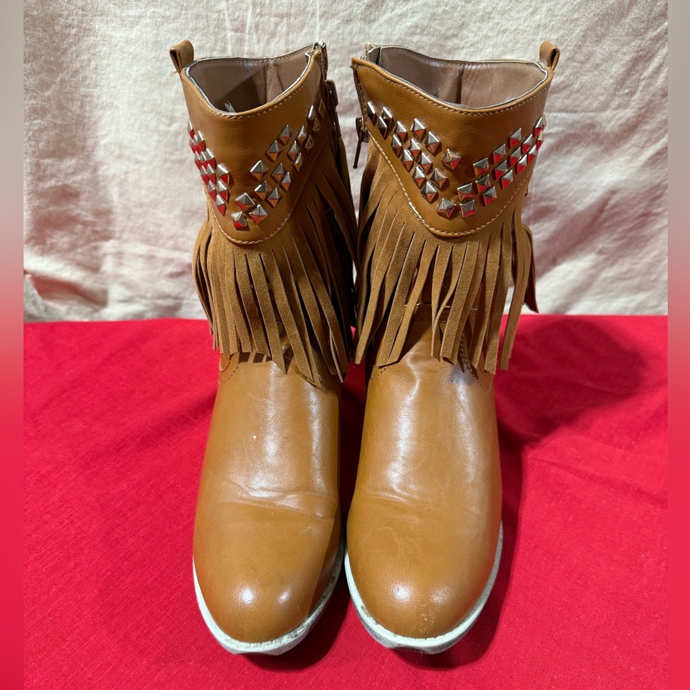 Mark & Maddux Studded Fringe Ankle Boots in Tan